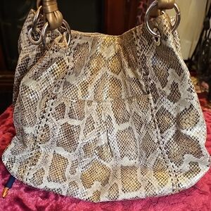 B. Makowsky Snakeskin Shoulder Bag in Brown and Cream